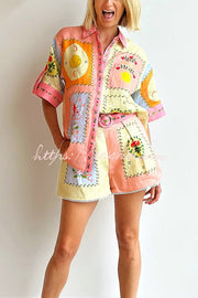 Linen Blend Printed Short Sleeve Shirt & Belted Shorts Set