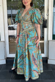 Robe longue en lin mélangé à manches bouffantes avec poches