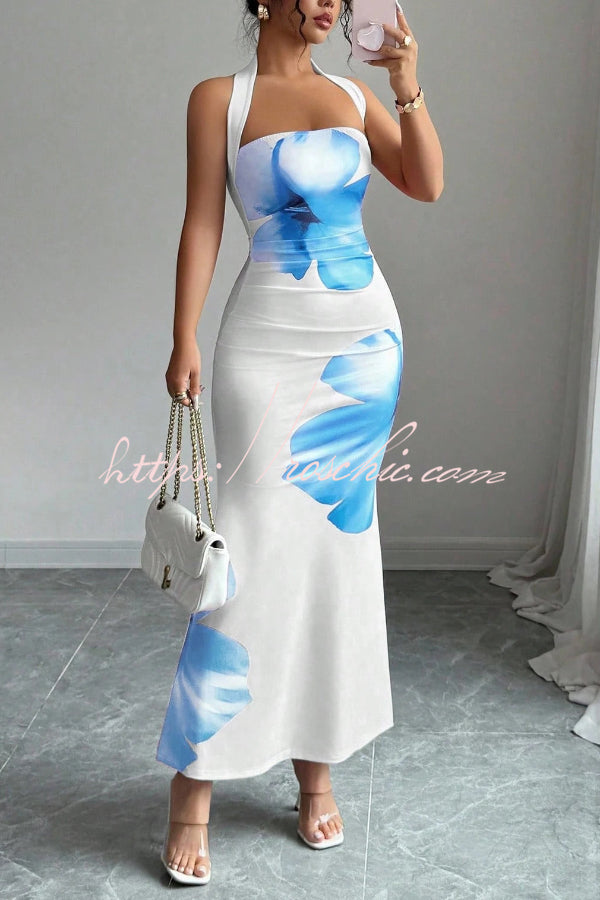 Floral Print Halter Neck Backless Maxi Dress