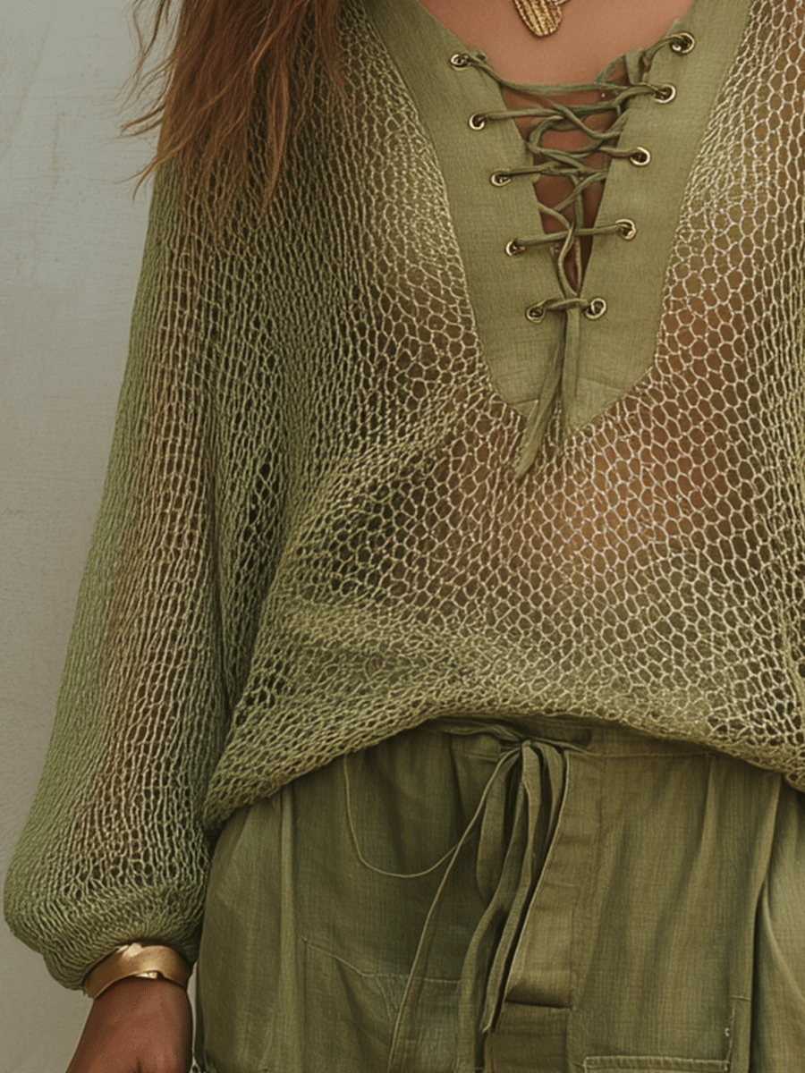 Open-Knit Olive Green Resort Top | Beach Cover-Up