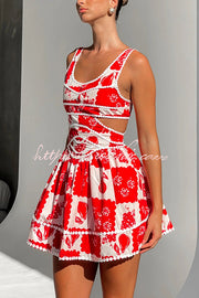 Holiday Print Ric Rac Trim Cutout Mini Dress