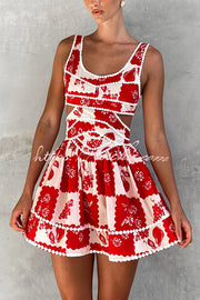 Holiday Print Ric Rac Trim Cutout Mini Dress