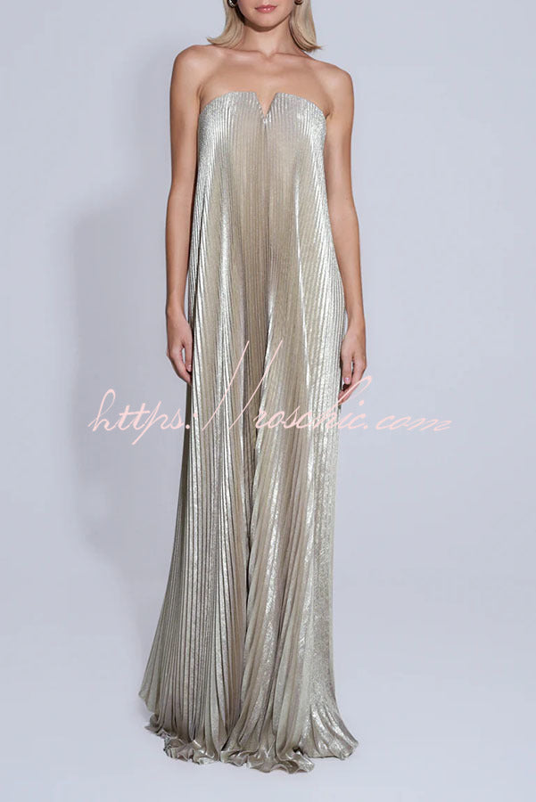 Metallic Pleated Off-Shoulder Maxi Dress with Asymmetric Hem