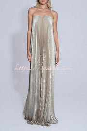 Metallic Pleated Off-Shoulder Maxi Dress with Asymmetric Hem