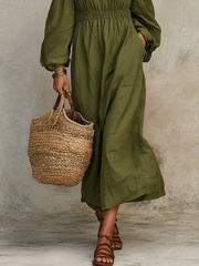 Olive Green Cotton-Linen Off-Shoulder Maxi Dress