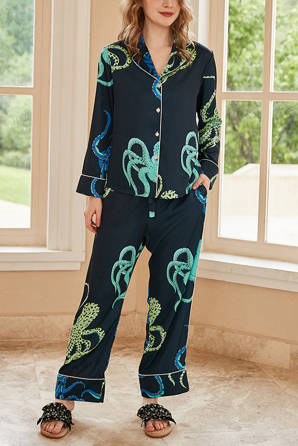 Black Octopus Print Long Sleeve Two-Piece Lounge Set