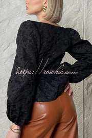 Jacquard Square Neck Puff Sleeve Button Top