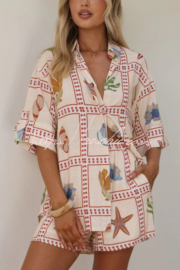 Linen Blend Shell Print Loose Short-Sleeve Shirt & Shorts Set