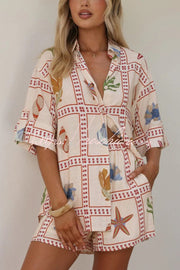 Linen Blend Shell Print Loose Short-Sleeve Shirt & Shorts Set
