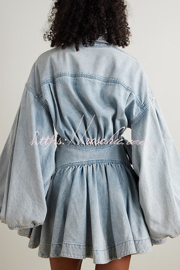 Denim Balloon Sleeve Wrap Mini Dress with Twisted Hem