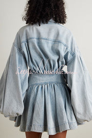 Denim Balloon Sleeve Wrap Mini Dress with Twisted Hem