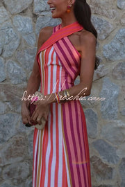 Linen Blend Striped Cross Halter Flare Maxi Dress
