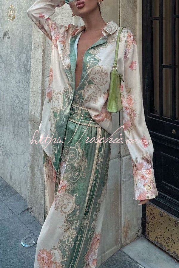 Satin Printed Long Sleeve Shirt and Pants Set, Loose Fit
