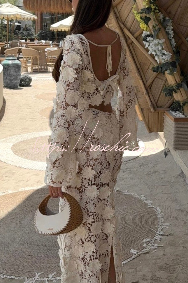 Lace Long Sleeve Backless Top & Fishtail Maxi Skirt Set