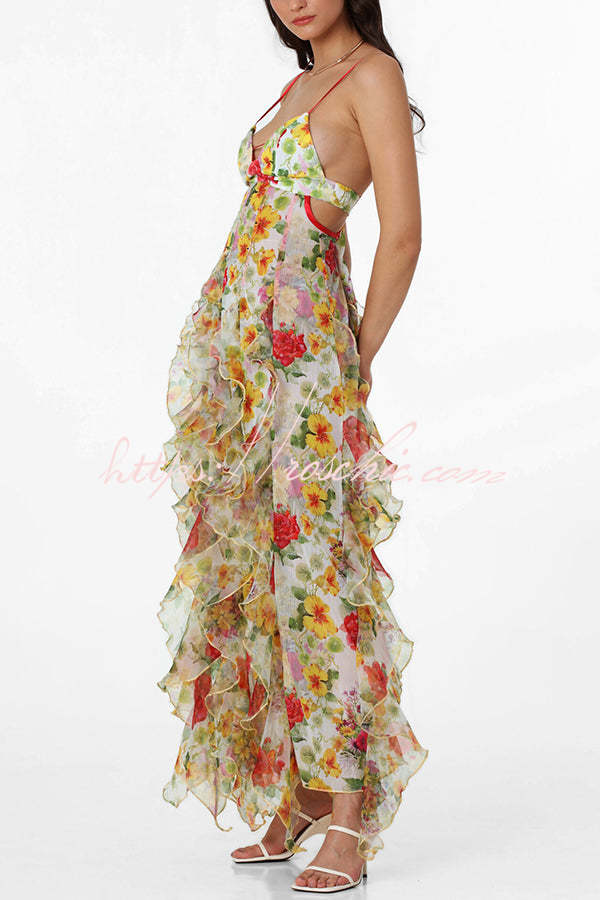 Robe longue à volants et à volants en mousseline de soie imprimé roses - Col en V