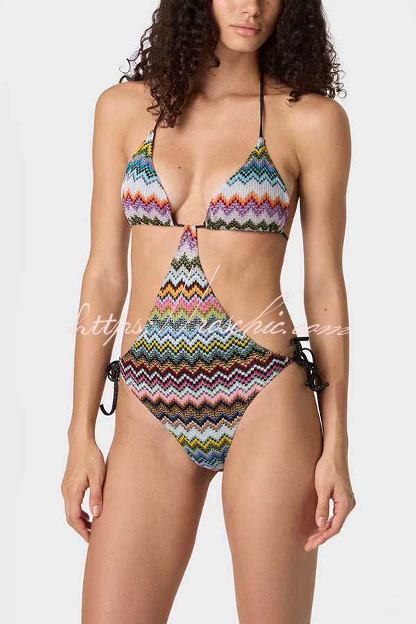 Colorful Zigzag Cutout One-Piece Swimsuit with Tie Waist