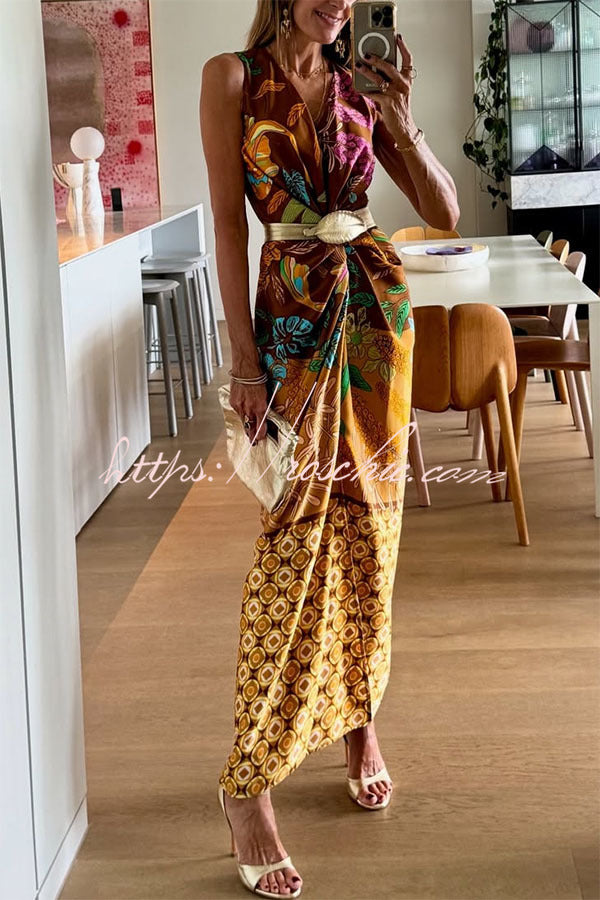 Satin Floral Print Twist Waist Maxi Dress with Front Slit