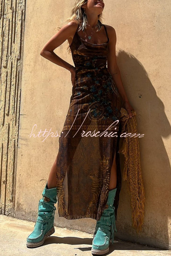 Printed Cowl Neck Lace-Back Midi Dress – Loose Fit