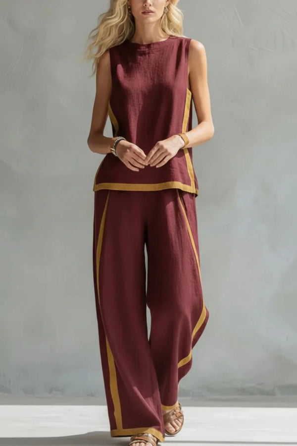 Linen Blend Color-Block Sleeveless Top & Wide-Leg Pants Set