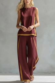 Linen Blend Color-Block Sleeveless Top & Wide-Leg Pants Set