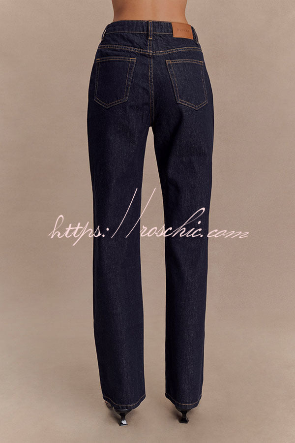 High Waist Straight Leg Denim Jeans with Pockets