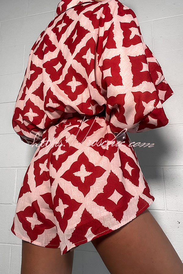 Linen Blend Printed Button Belted Loose Romper