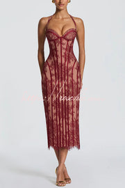 Floral Lace Halter Midi Dress with Lace-Up Open Back