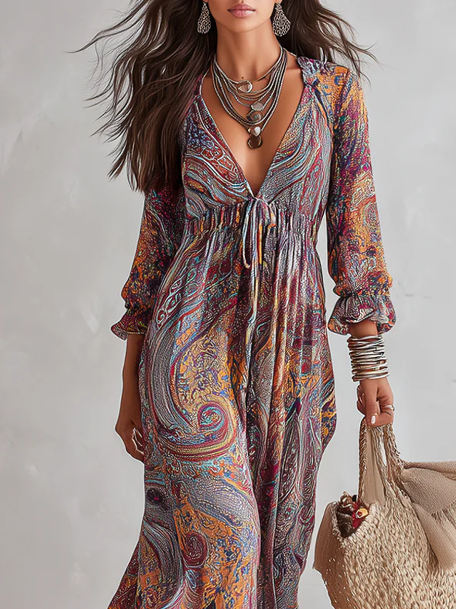 Vintage Paisley Print V-Neck Dress with Tie Waist