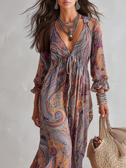 Vintage Paisley Print V-Neck Dress with Tie Waist