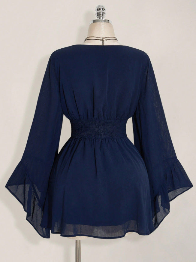Gothic V-Neck Mini Dress - Long Sleeve Belted Fitted Dress