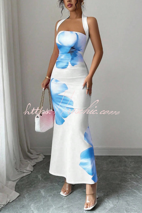 Floral Print Halter Neck Backless Maxi Dress