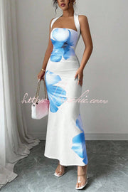 Floral Print Halter Neck Backless Maxi Dress