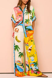 Satin Colorblock Print Oversized Button-Down Blouse