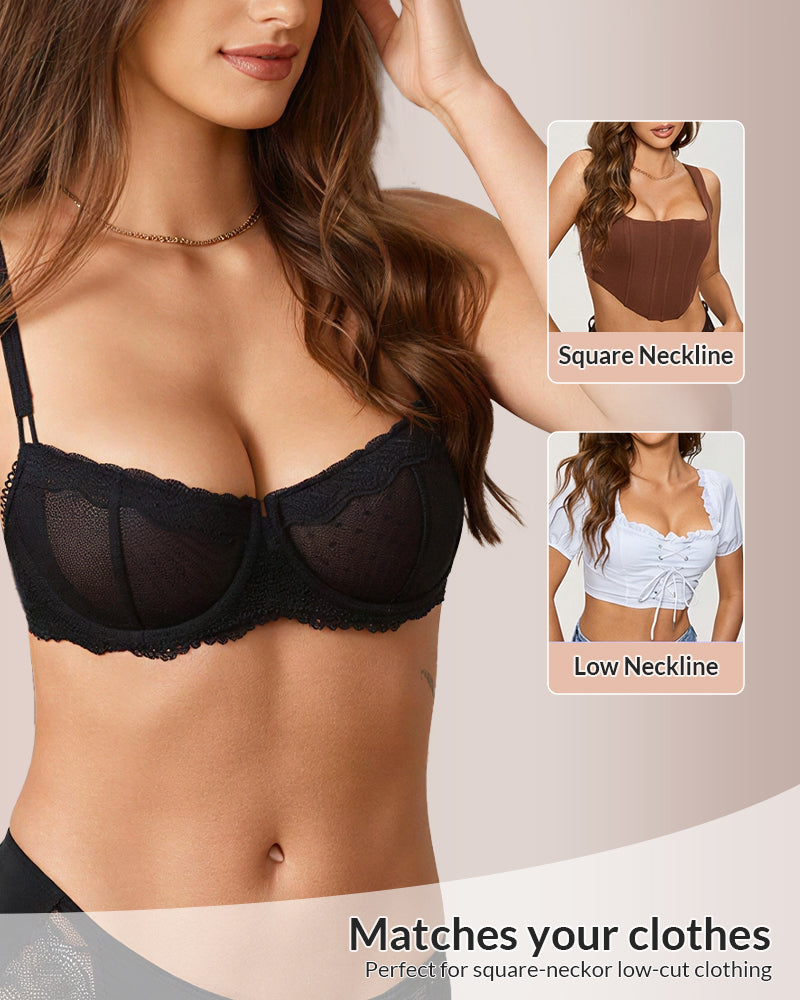 Sheer Lace Underwire Balconette Bra with Natural Lift