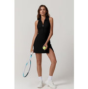 QINSEN Womens Zip Front Tennis Dress Polo Collar Racer Back Workout Golf Dresses Build in Shorts with Pockets