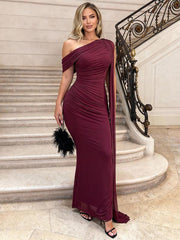 Curvysweet Isolde Women's One Shoulder Formal Evening Gown - Built-in Bra, Ribbon Accent, Bodycon Mesh, Ruched Maxi Dress with Formal Wear, Sleeveless Elegant Bridesmaid Dresses for Women