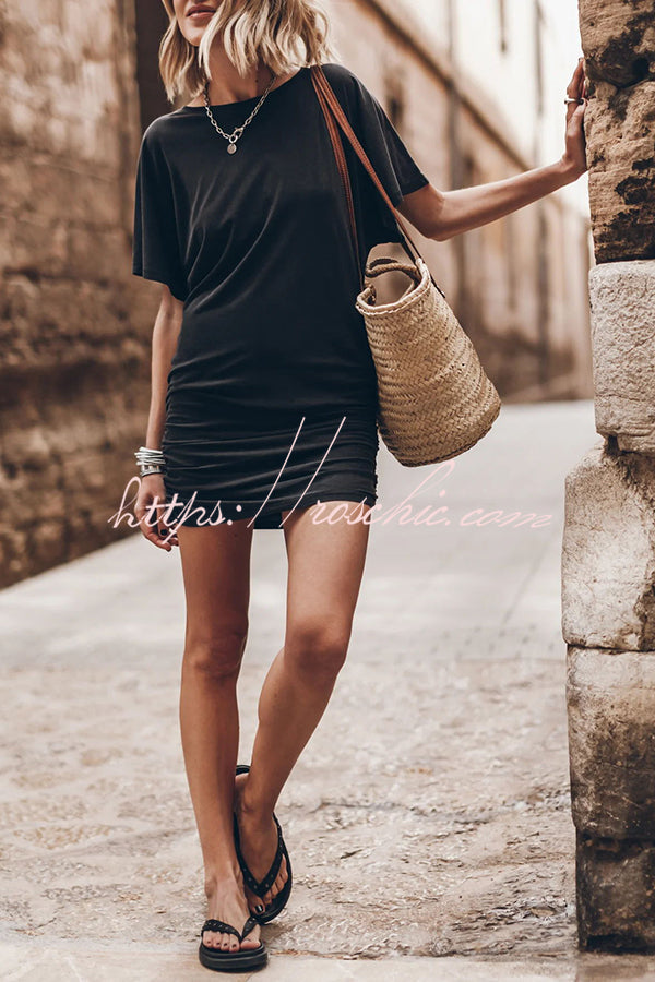 Cotton Blend Bell Sleeve Ruched Mini Dress