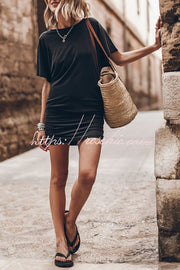 Cotton Blend Bell Sleeve Ruched Mini Dress