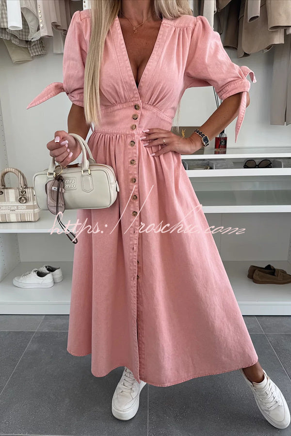 Denim Midi Dress V-Neck Button-Down Half Sleeve Loose Fit