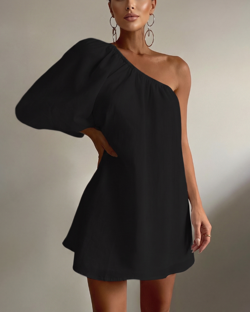 One-Shoulder Cotton-Linen Mini Dress