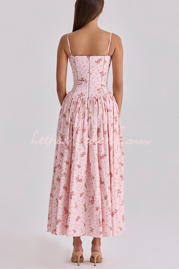 Robe midi en coton extensible à imprimé floral avec bordure en échelle