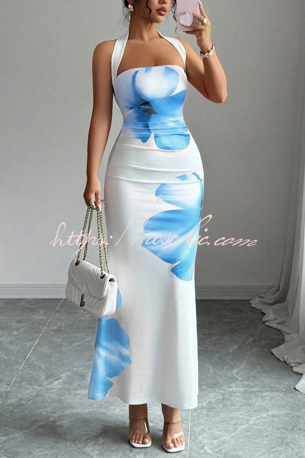 Floral Print Halter Neck Backless Maxi Dress