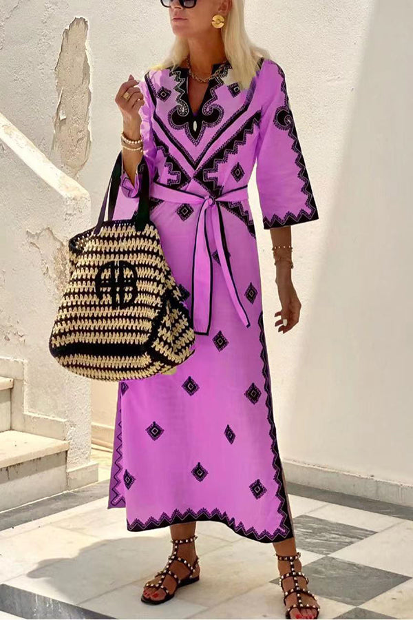 Linen Blend Ethnic Print Belted Midi Dress | Vacation Style