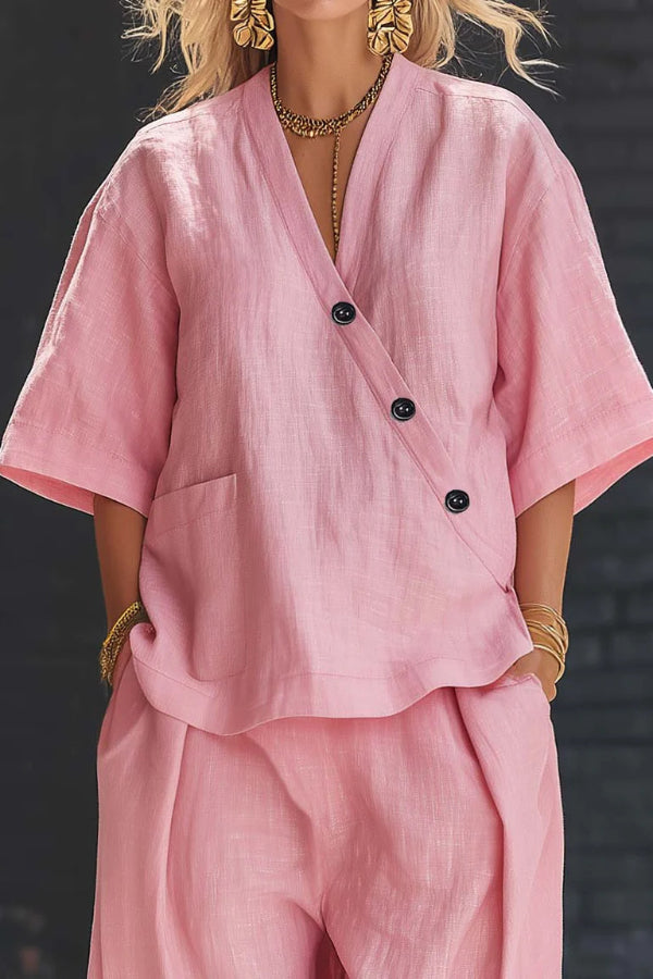 Linen Blend V-Neck Top & Elastic Waist Pants Set – Loose Fit