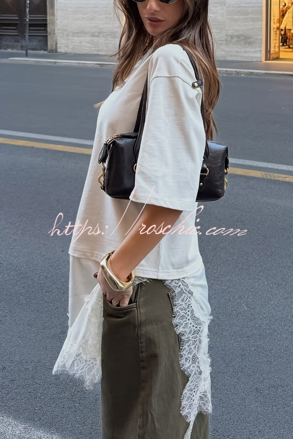 Lace Hem Loose Fit Round Neck Short Sleeve T-Shirt