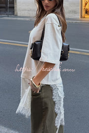 Lace Hem Loose Fit Round Neck Short Sleeve T-Shirt