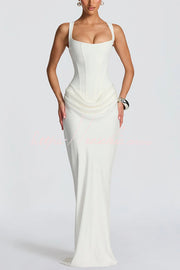 Square Neck Satin Drape Maxi Dress with Lace-Up Back