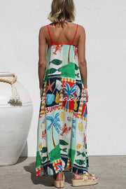 Printed Square Neck Sleeveless Maxi Dress with Pockets