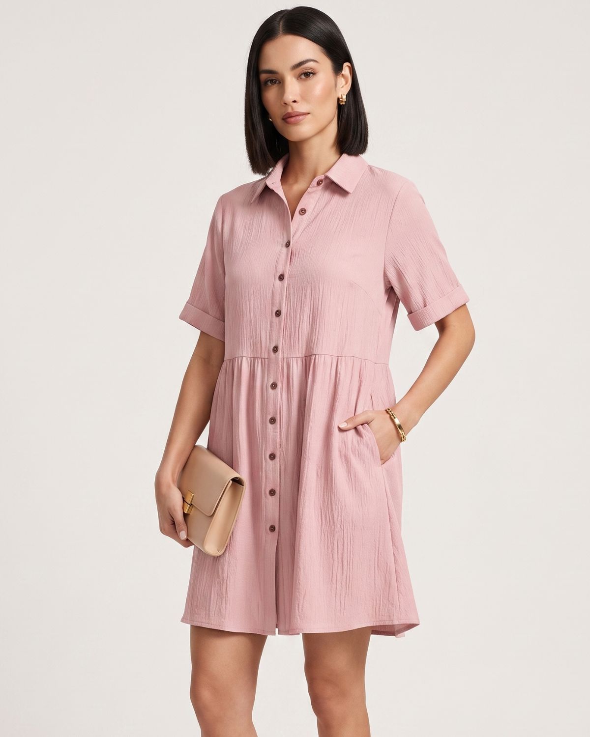 Effortless Button-Down Short Sleeve Shirt Dress with Pockets