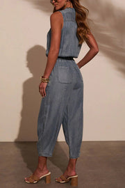 Women's Sleeveless Denim Jumpsuit with Elastic Waist & Pockets